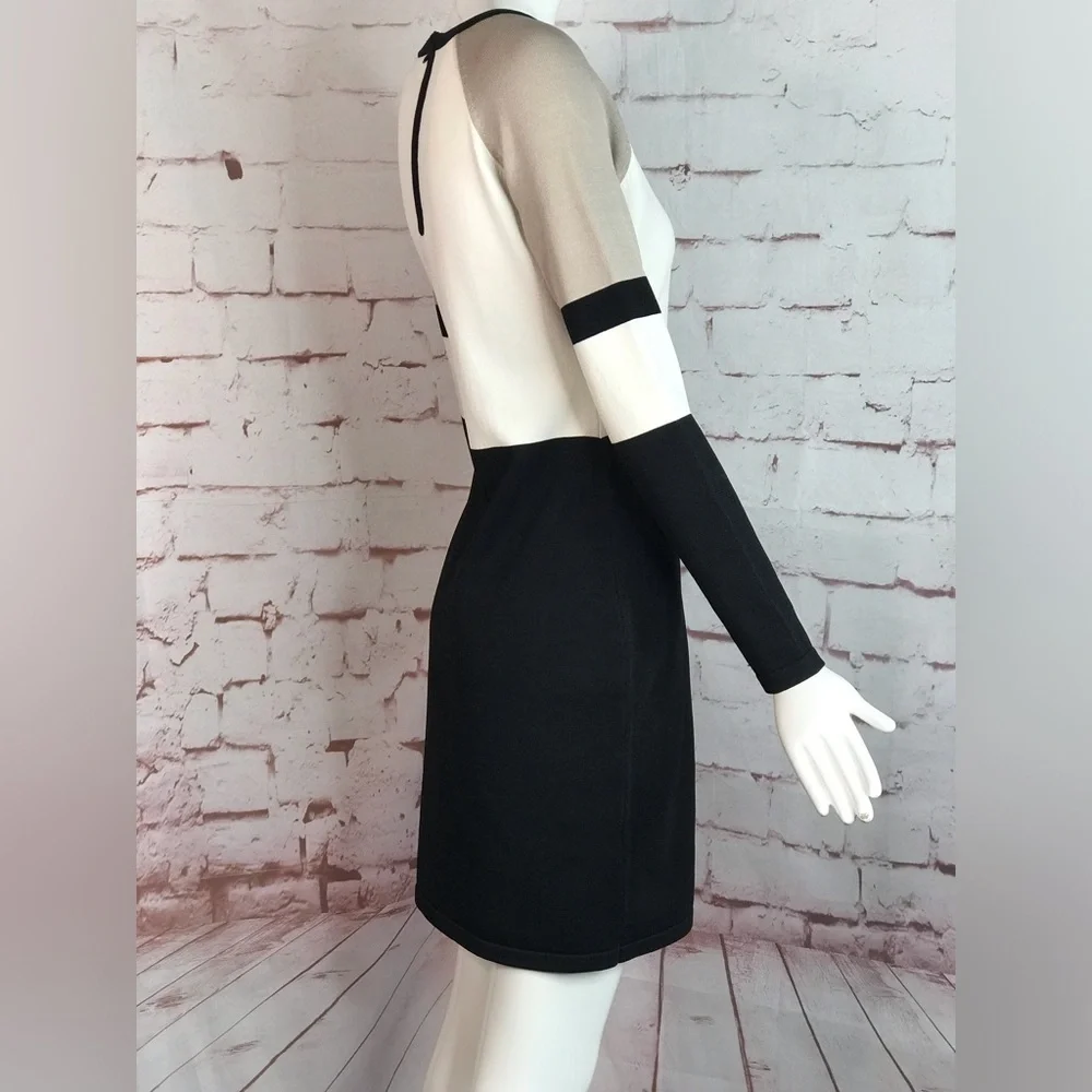 CALVIN KLEIN M Petite Colorblock Knit Long Sleeve Dress Black Taupe Cream MP - Picture 3 of 15